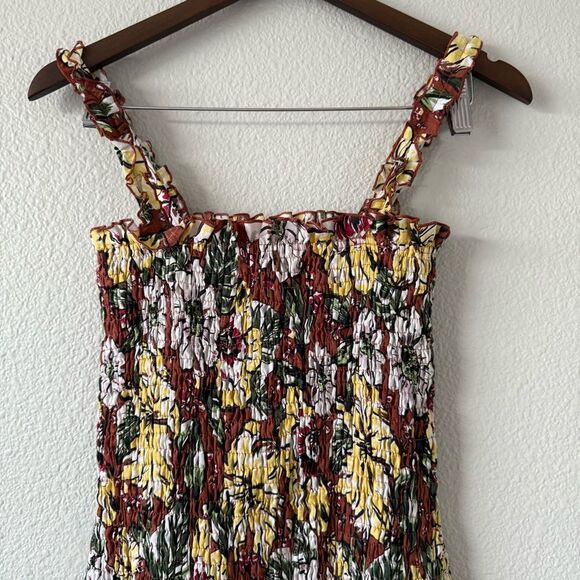 Faithfull The Brand Anthropologie Maya Midi Smocked Dress Brown‎ Floral Sz 2 - Picture 5 of 13